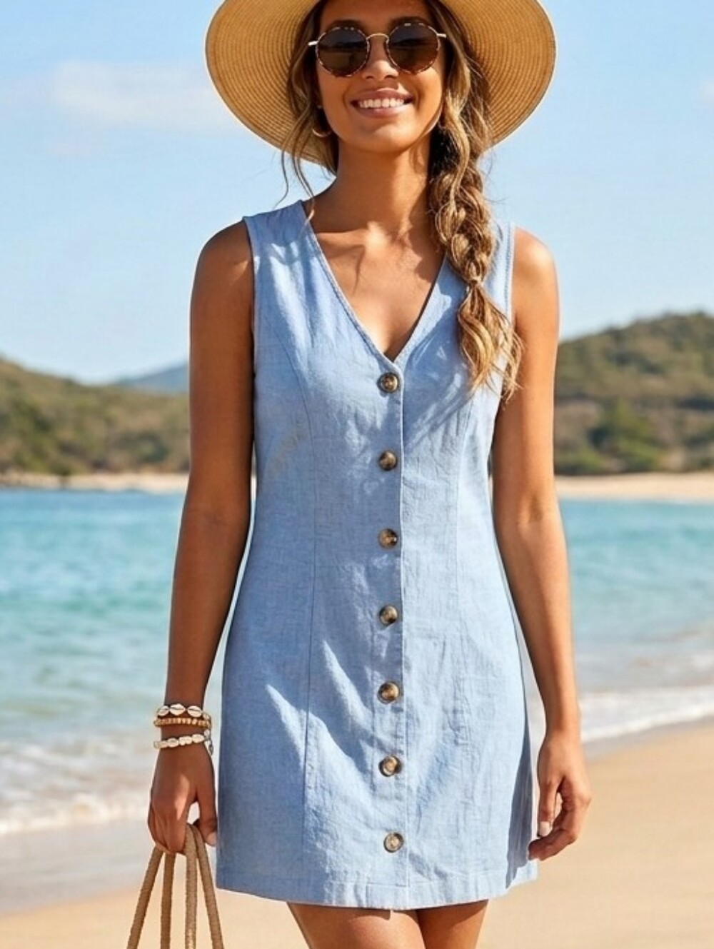 Sleeveless Blue Button-Down Dress